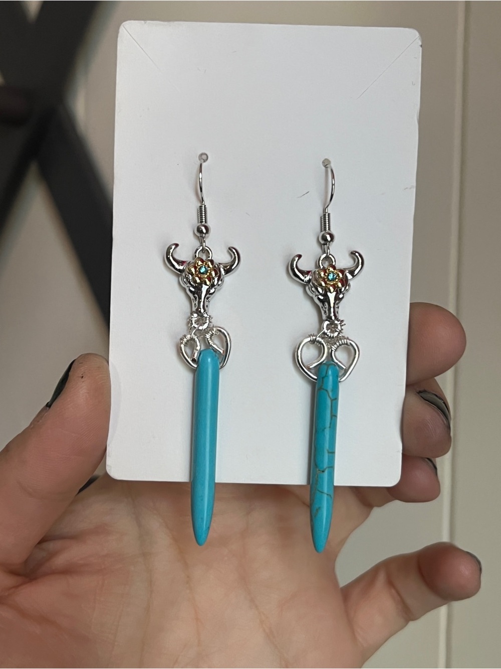 Handmade Bull Dangle Earrings - Silver Tone